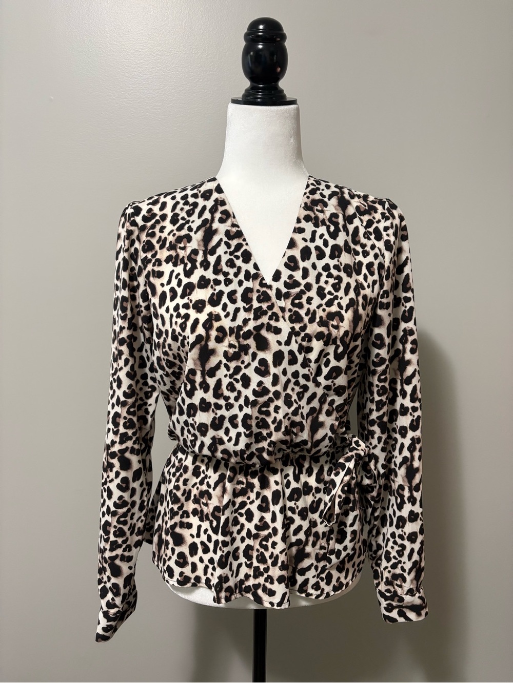 Dex Leopard Print Wrap Blouse Long Sleeve V-Neck Elastic Waist